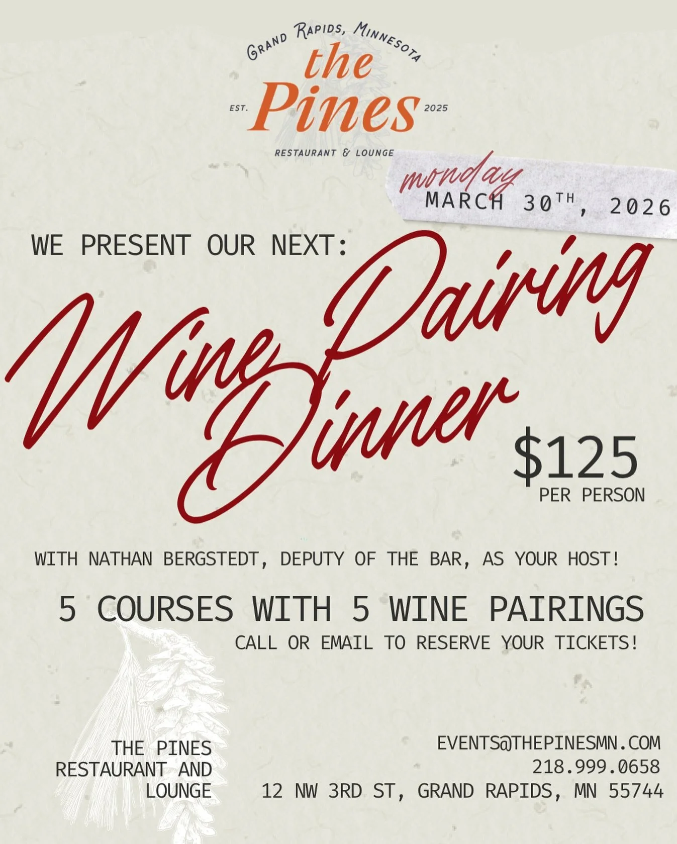 We&rsquo;re SO EXCITED to announce a Wine Dinner at The Pines! 🌲🍷

One night only, join us Monday, March 30th for a five-course dinner from Chef Kyle, paired with wines by our Deputy of the Bar, Nathan. It&rsquo;s the kind of night made for good po
