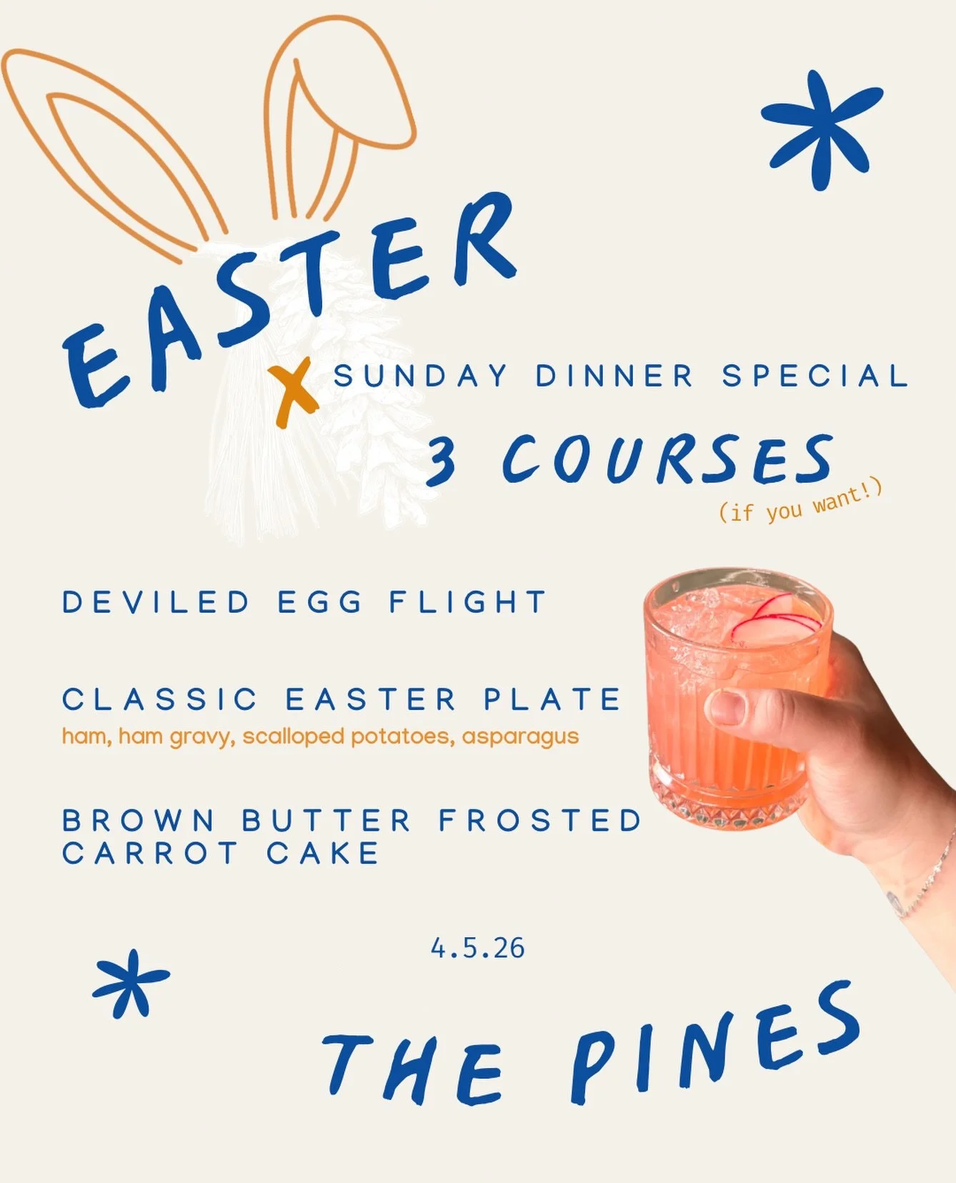 Our Sunday Special this week is a Classic Easter Dinner! Try one course or try them all! Your choice! 

Paired perfectly with our new Return of the Roots cocktail, created by Matt! Take a peek at our stories to see his inspiration for this drink! (Th
