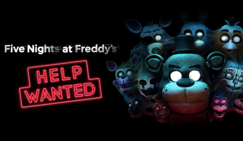 Five Nights at Freddy's logo with a group of colorful animatronic characters in the background and a red neon 'HELP WANTED' sign.