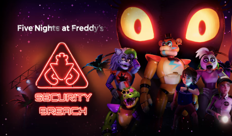 Five Nights at Freddy's Security Breach promotional image featuring characters and a neon logo.
