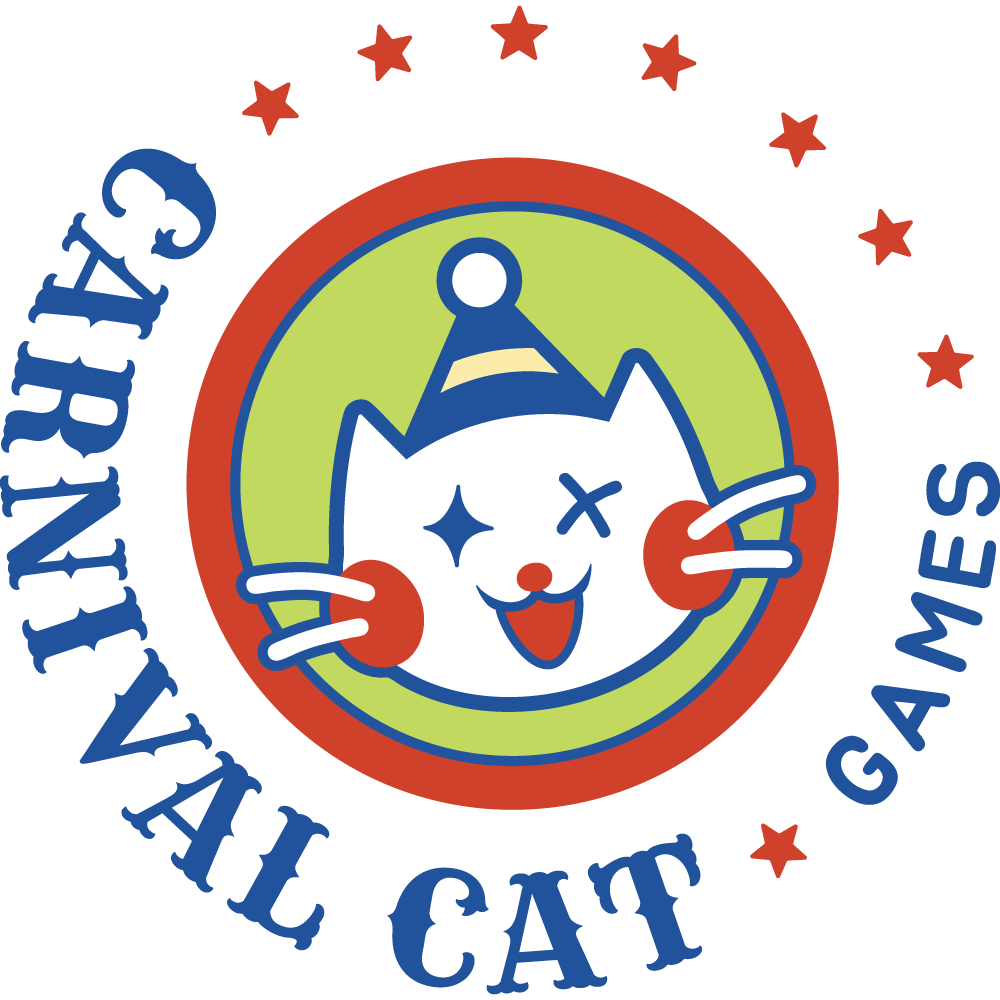 Illustration of a cartoon white cat with a party hat, winking and smiling, with red cheeks and a red nose, surrounded by a circular logo with stars and text that reads 'International Cat Garages' in blue and red.