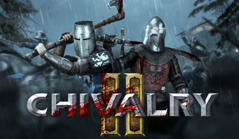 Two knights in armor holding weapons during a rainy night in a forest, with the word 'CHIVALRY' and the number 10 beneath them.