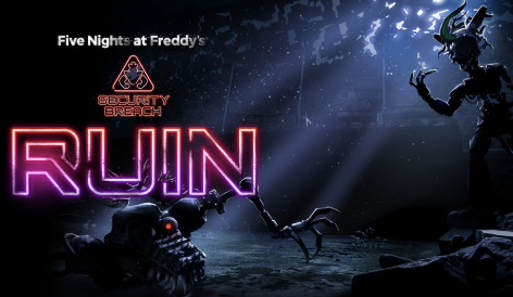 Promotional graphic for Five Nights at Freddy's: Security Breach called RUN, with a dark, eerie background featuring a sinister puppet and robotic creature, neon pink and purple text.