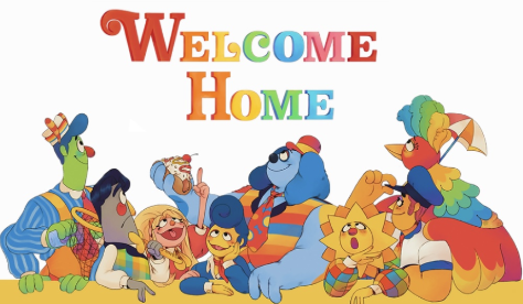 Colorful illustration of animated characters celebrating with a 