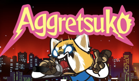 Cartoon tiger with headphones singing into a microphone against a cityscape at night with a red and purple sky, with the word 'Aggretsuko' in large pink and yellow text.