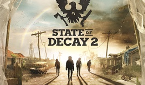 Four figures walking down a street in a post-apocalyptic setting with damaged buildings and power lines, a rainbow in the sky, and a large emblem of an eagle above the title "State of Decay 2."
