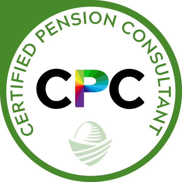 Certified Pension Consultant logo with colorful CPC letters and green border.