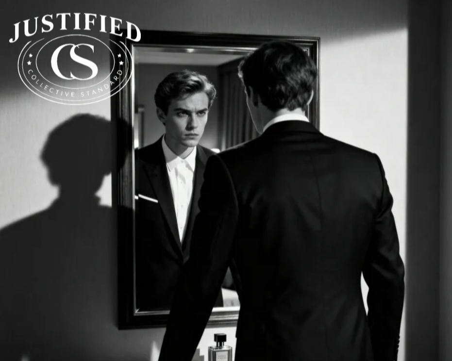 A young man in a tuxedo looking at himself in a mirror, with his reflection showing a serious expression. The scene is in black and white, and there is a logo in the top left corner that reads 'Justified CS Collective Standard'.