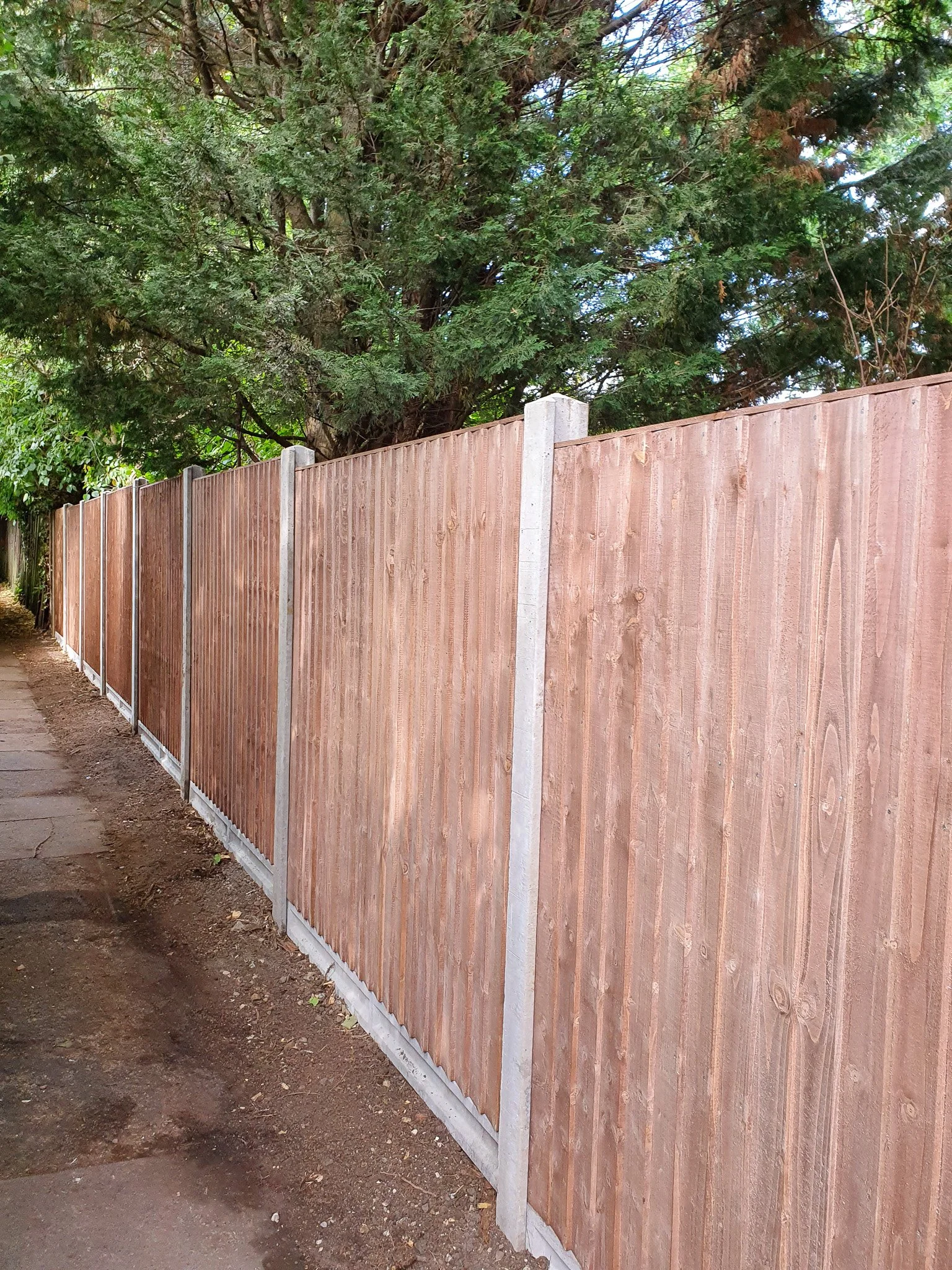 A long wooden fence with metal posts runs along a sidewalk, with a large green tree behind it.