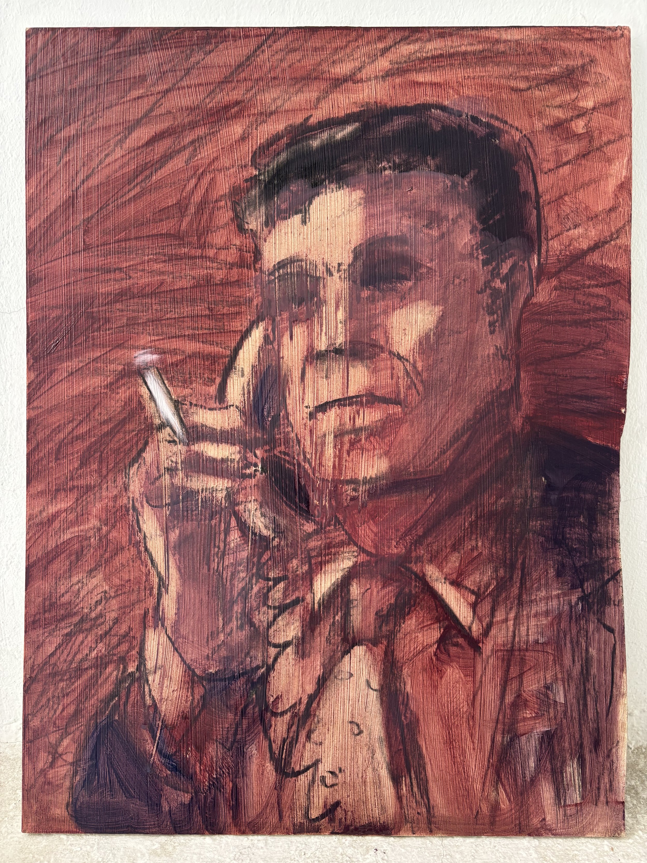 Driiiiiiiiing, 2025, oil and charcoal on wood, 20×30 cm