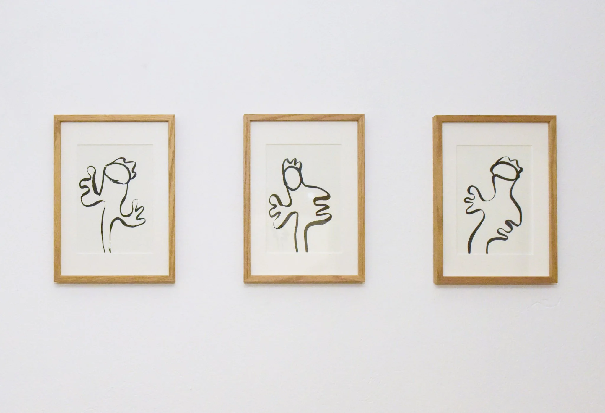 Three framed line art drawings of abstract animal forms on a white wall.