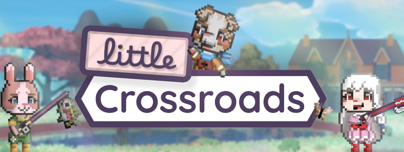 Pixel art style game title screen for 'Little Crossroads' featuring cute animal characters, including a bunny, a dog, and a girl with white hair, set against a background of a pond, trees, and houses.