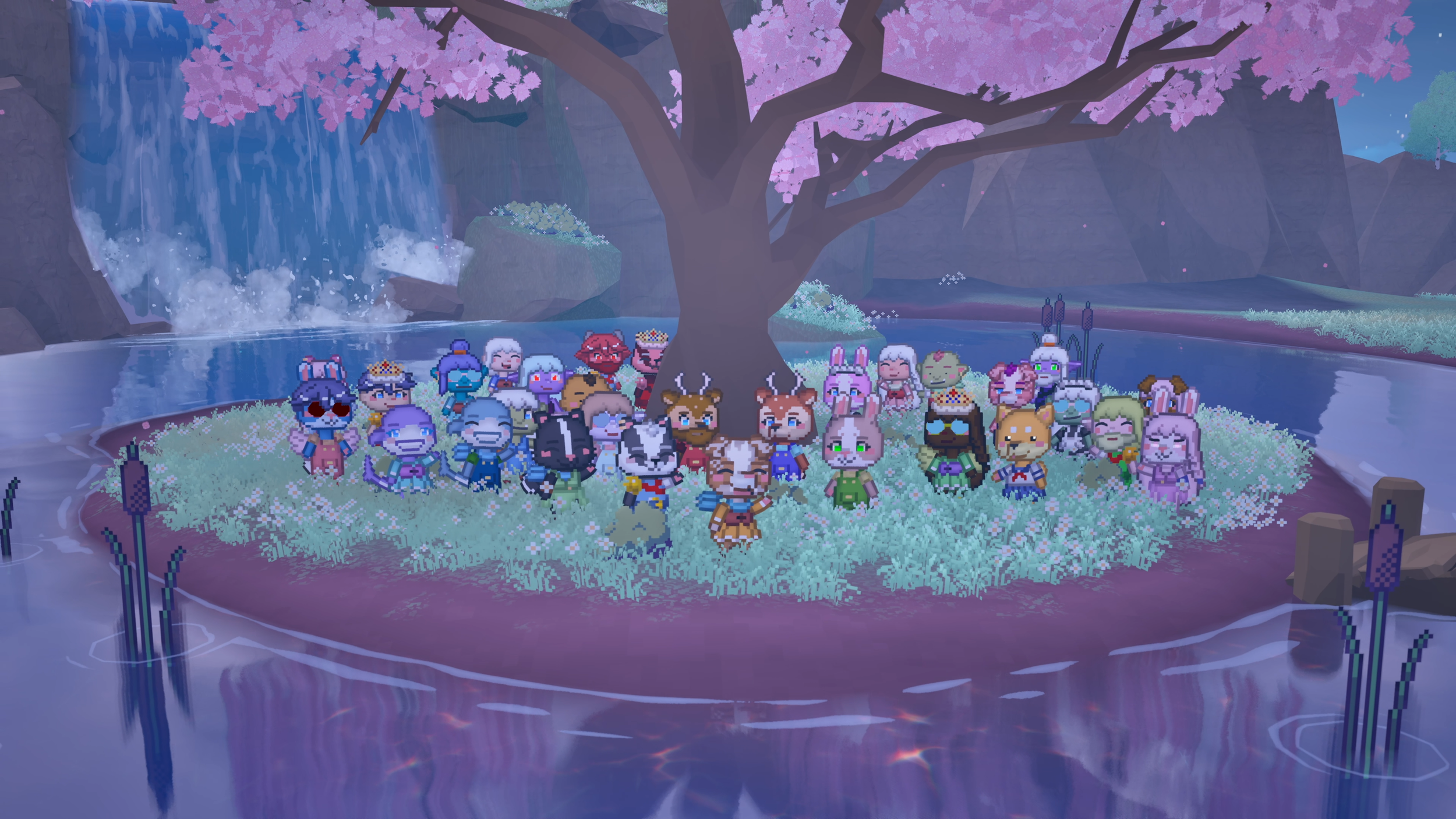 Pixel art style group of animal characters posing under a tree with pink blossoms near a waterfall and a pond, during a fantasy or game setting.