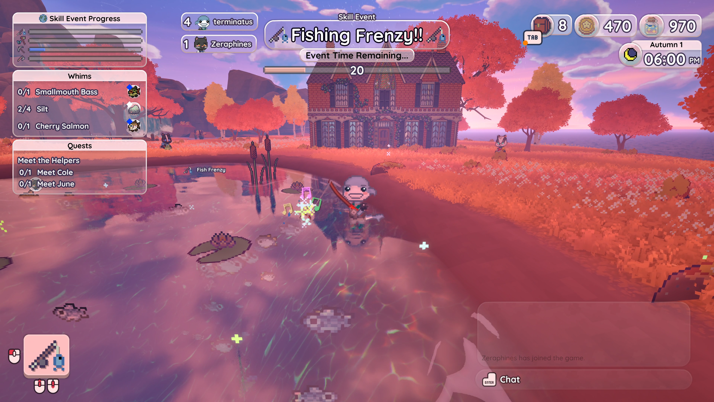 In a colorful video game scene, a character is fishing in a pond with autumn trees and a large house in the background. The game interface shows various quest progress, skills, currency, and event information.