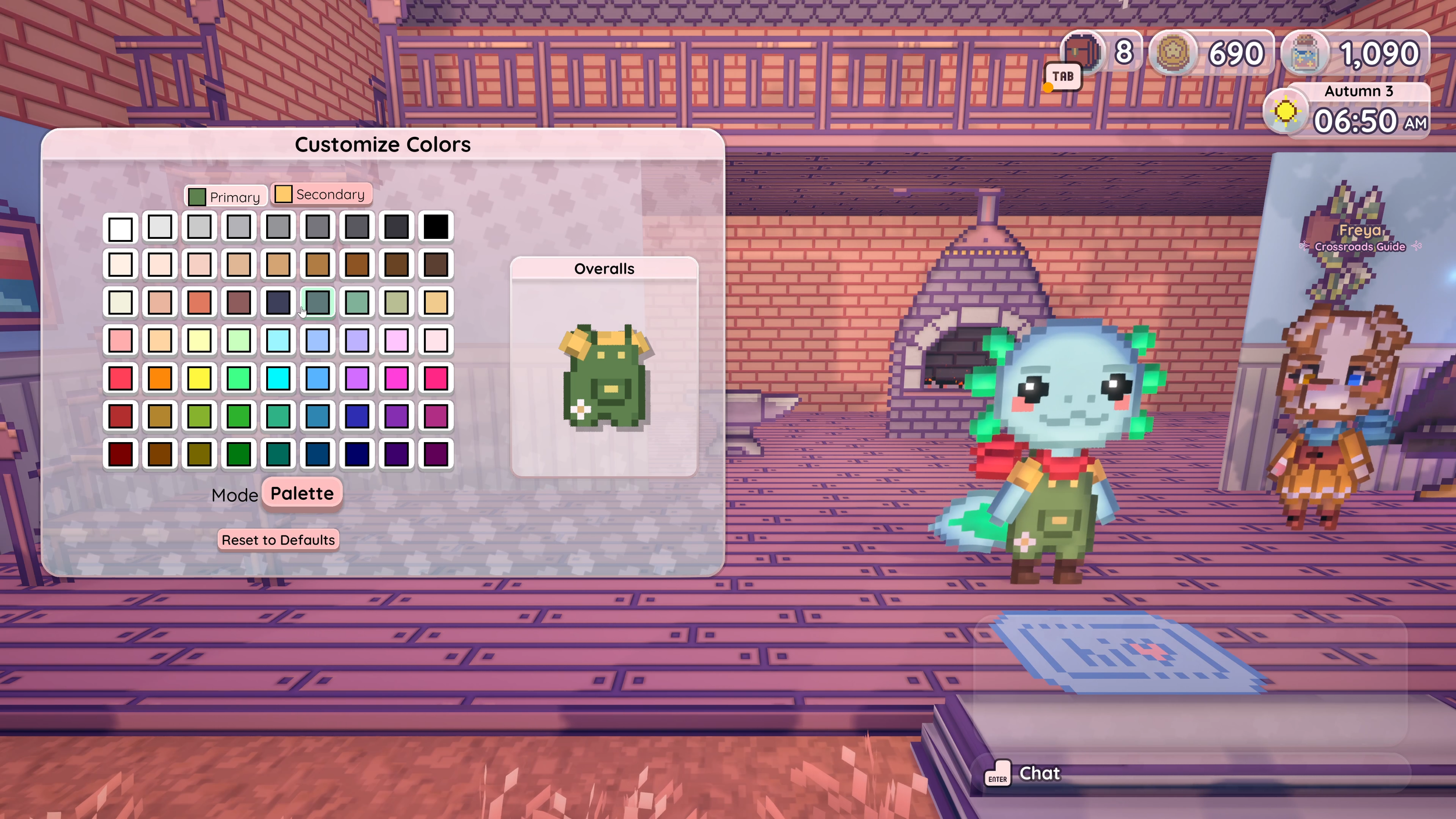 Video game character customization screen showing color palette and overalls options. A pixelated character with a round head, large black eyes, blue skin, and green hair with green circles, wearing a red shirt and green overalls with floral detail, 