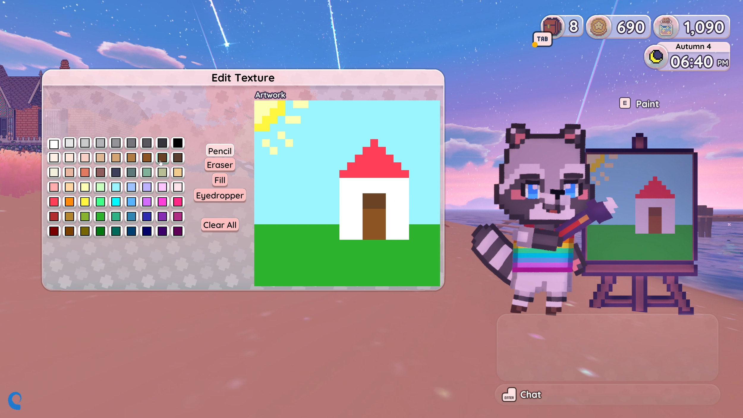 Video game art scene with pixel art of a house with a red roof, white walls, and a brown door on a green lawn, with an editing menu open featuring paint options and color palette, and a pixel raccoon character wearing a rainbow striped shirt standing