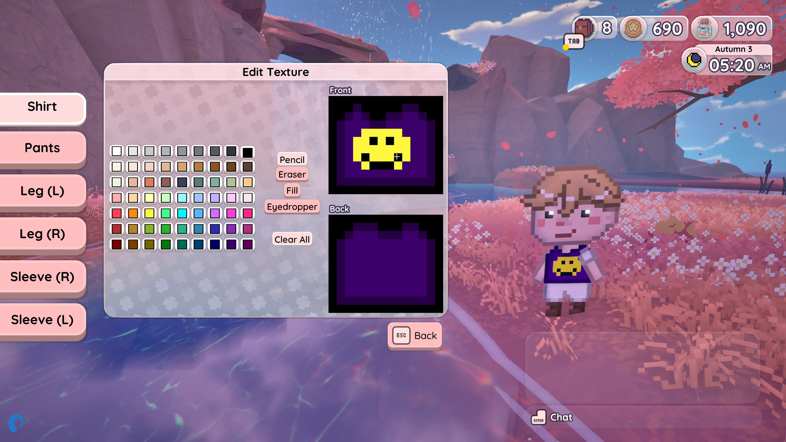 In a video game customization screen, a pixel art design of a yellow pumpkin with a purple background is shown. A character with a pumpkin-shaped face stands outdoors in front of pink flowering trees and rocky hills at dawn or early morning.