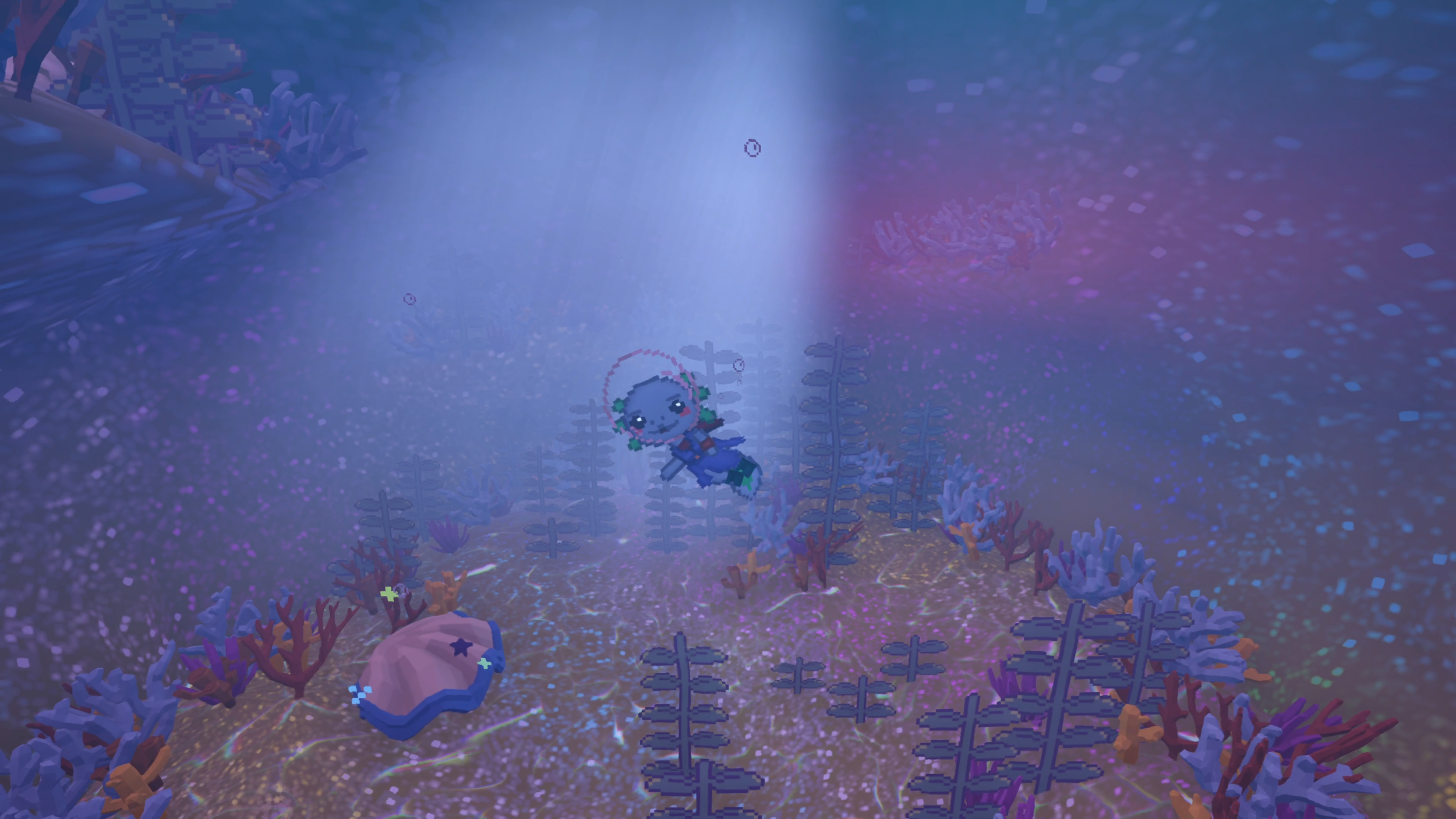 A pixelated animated character floating underwater among colorful coral and sea plants, illuminated by a beam of light.