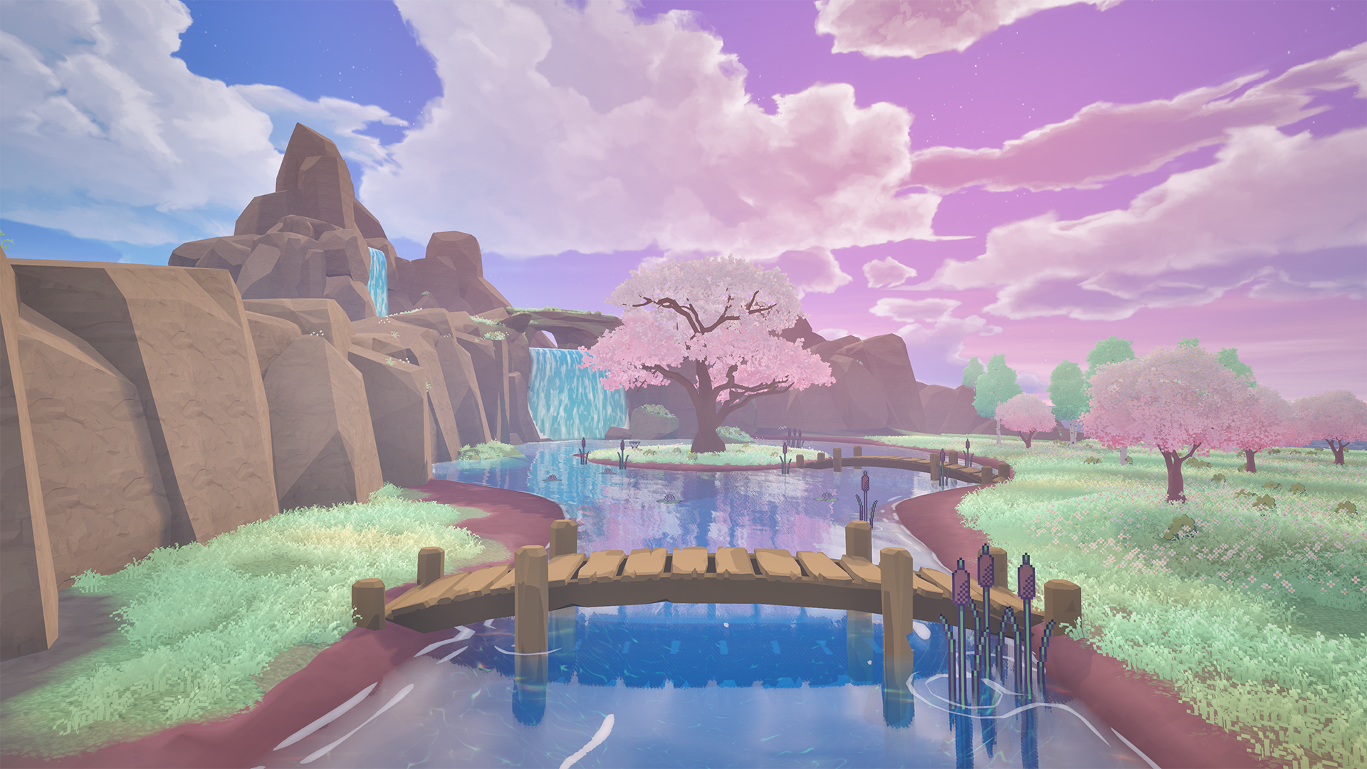 A peaceful landscape with pink cherry blossom trees surrounding a calm pond, a small wooden bridge crossing the pond, and a rocky waterfall in the background under a partly cloudy sky.