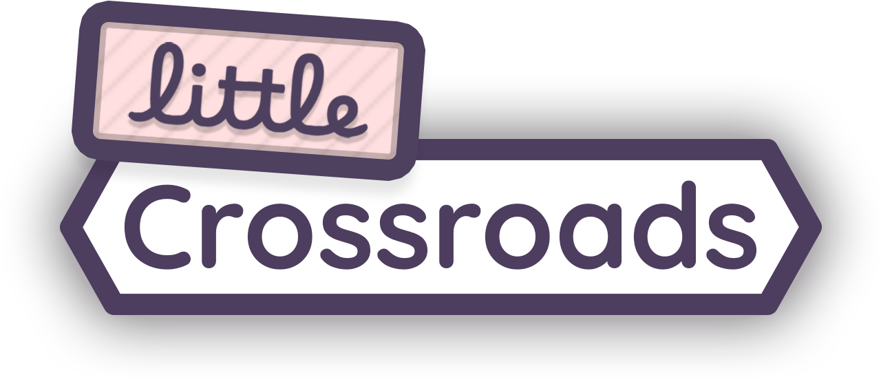 Illustration of a street sign with the words 'little Crossroads' against a dark background, with the word 'little' written in a stylized pink box above the larger word 'Crossroads'.