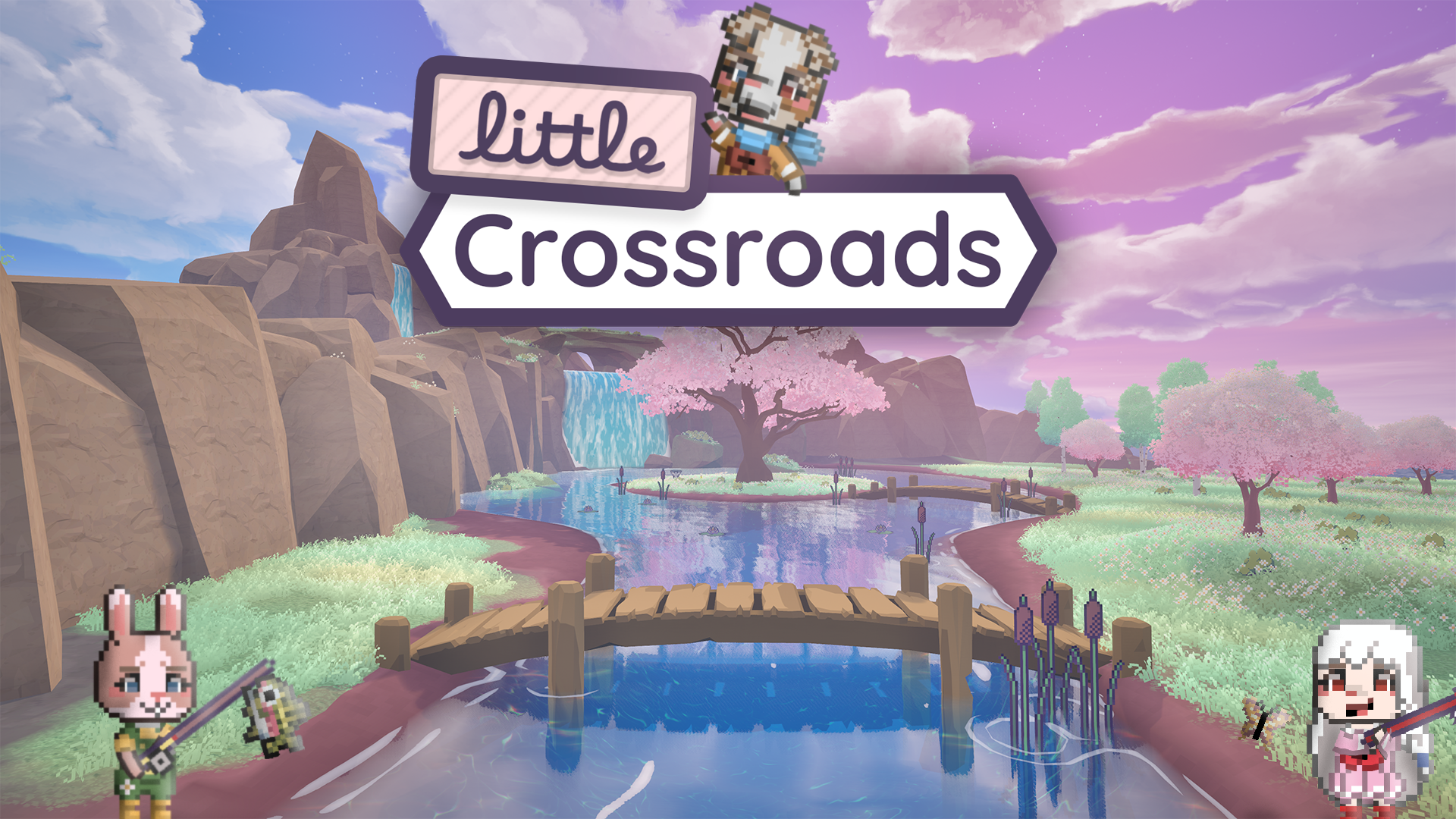 A colorful, animated landscape with a pink cherry blossom tree, a river, a small wooden bridge, and mountains with waterfalls in the background. The sky is partly cloudy with purple and pink hues. There are pixel art characters, including a cat and a