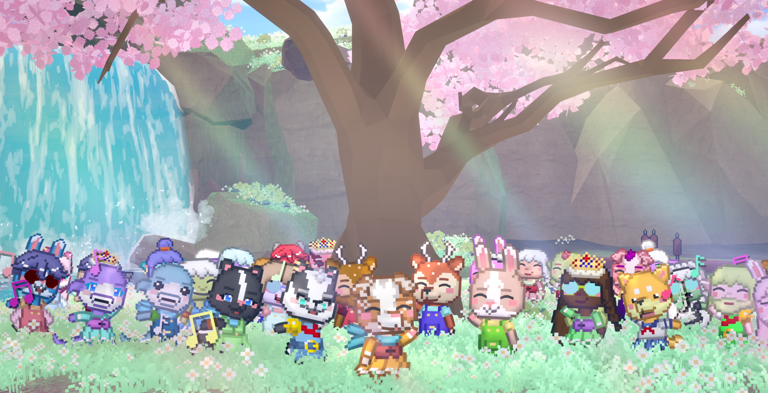 Pixel art style scene of a group of animal characters celebrating under a large cherry blossom tree with pink flowers and a waterfall in the background.
