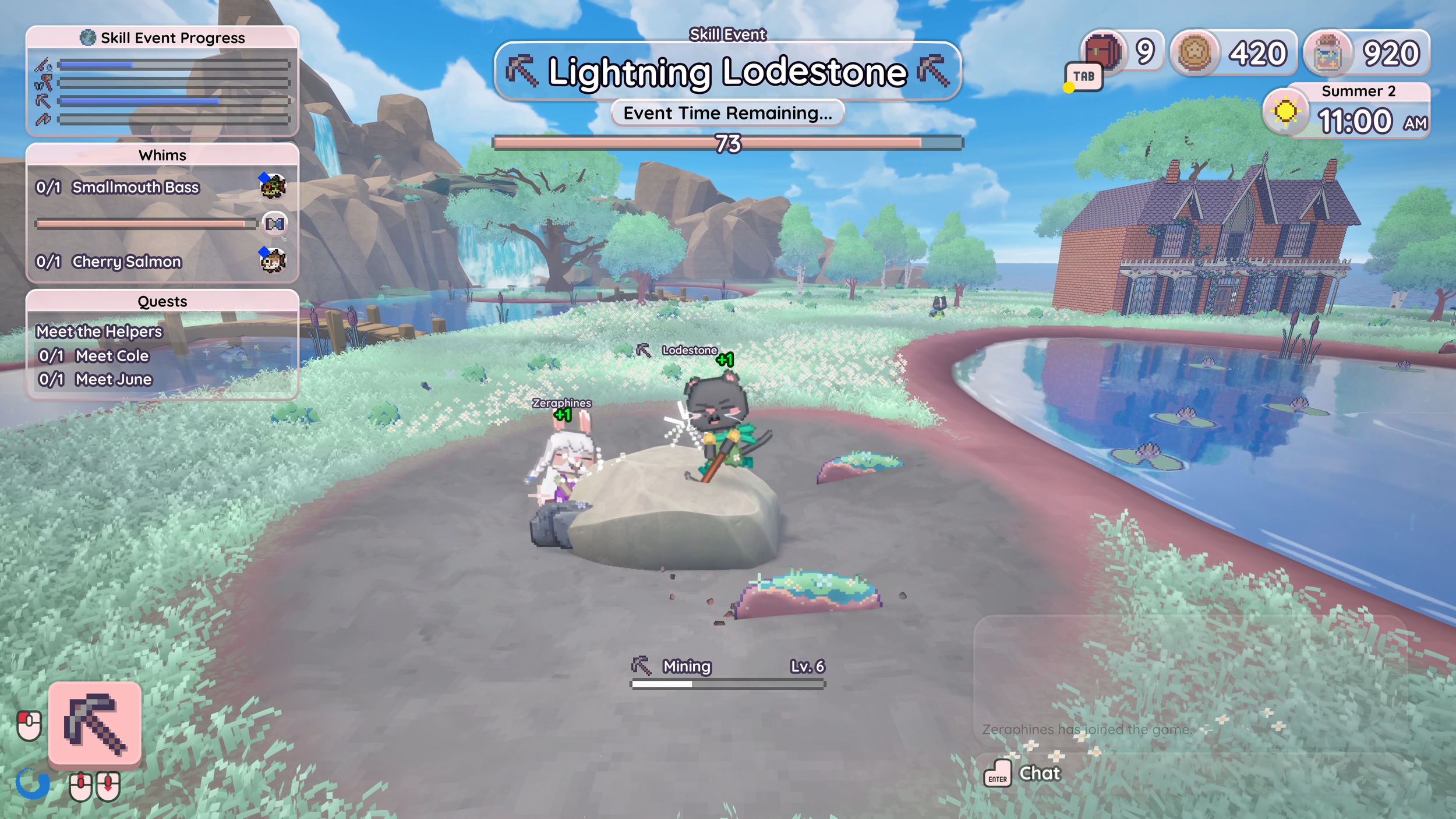 Video game scene showing a colorful outdoor environment with trees, water, and a brick house. Two characters, a cat and a rabbit, are mining a rock, with the cat receiving a '+1' reward. The game interface displays various progress bars, quests, and 