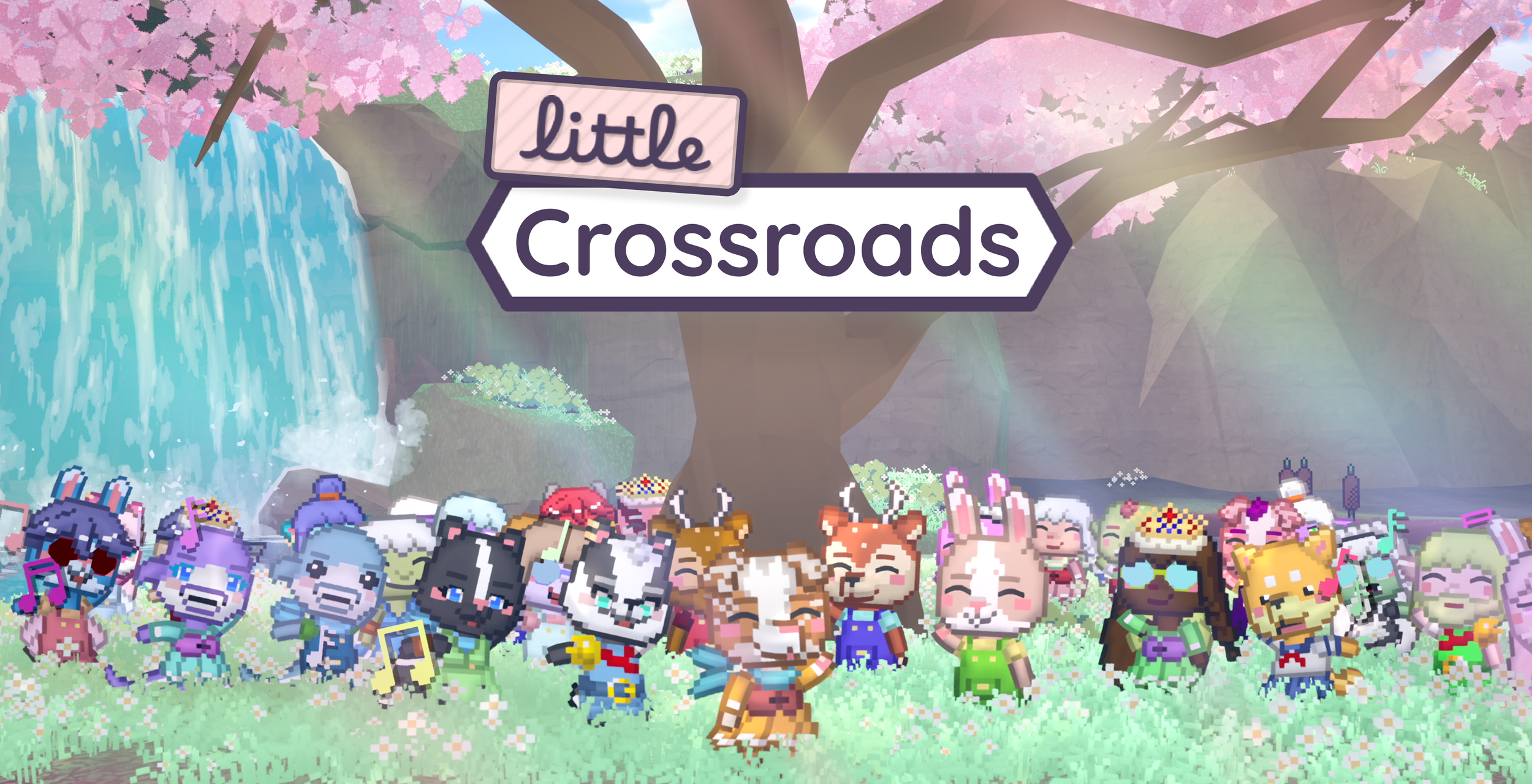 A colorful animated scene with pixel art characters resembling animals and humans gathered outdoors under pink cherry blossom trees, near a waterfall, with a sign that says 'little crossroads'.