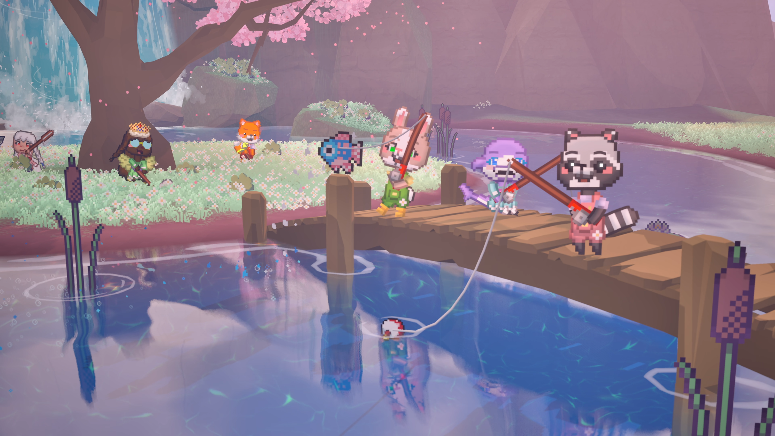 Pixel art-style scene of animals and children fishing on a wooden dock in a peaceful outdoor setting with a waterfall, cherry blossom tree, and pink mountains in the background.