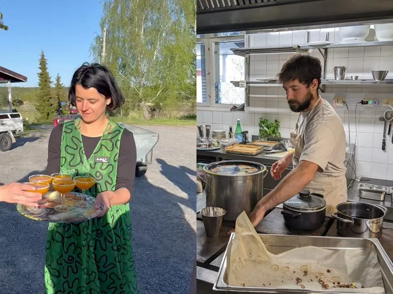 Retreat caterers using fresh local ingredients—serving drinks outdoors and preparing meals in the kitchen