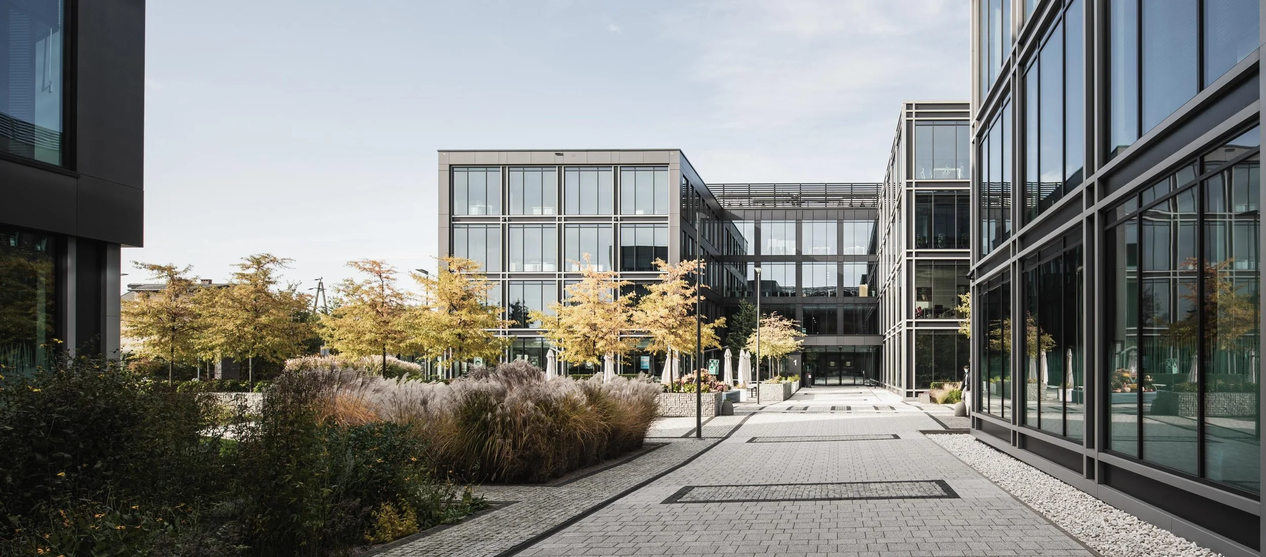 Modern office building with glass walls and a courtyard featuring trees, shrubs, and outdoor seating.