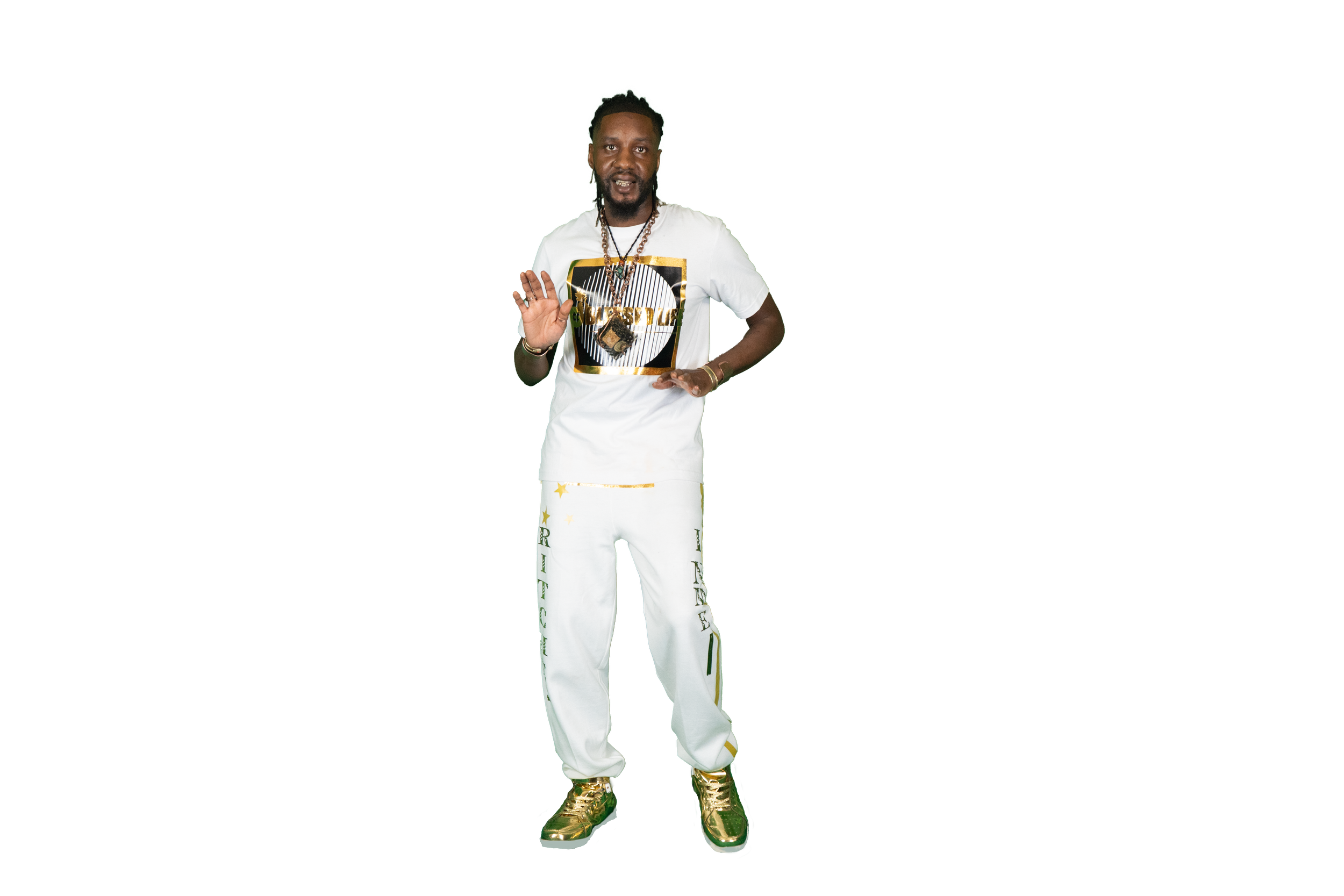 Man in white outfit and gold sneakers dancing against black background