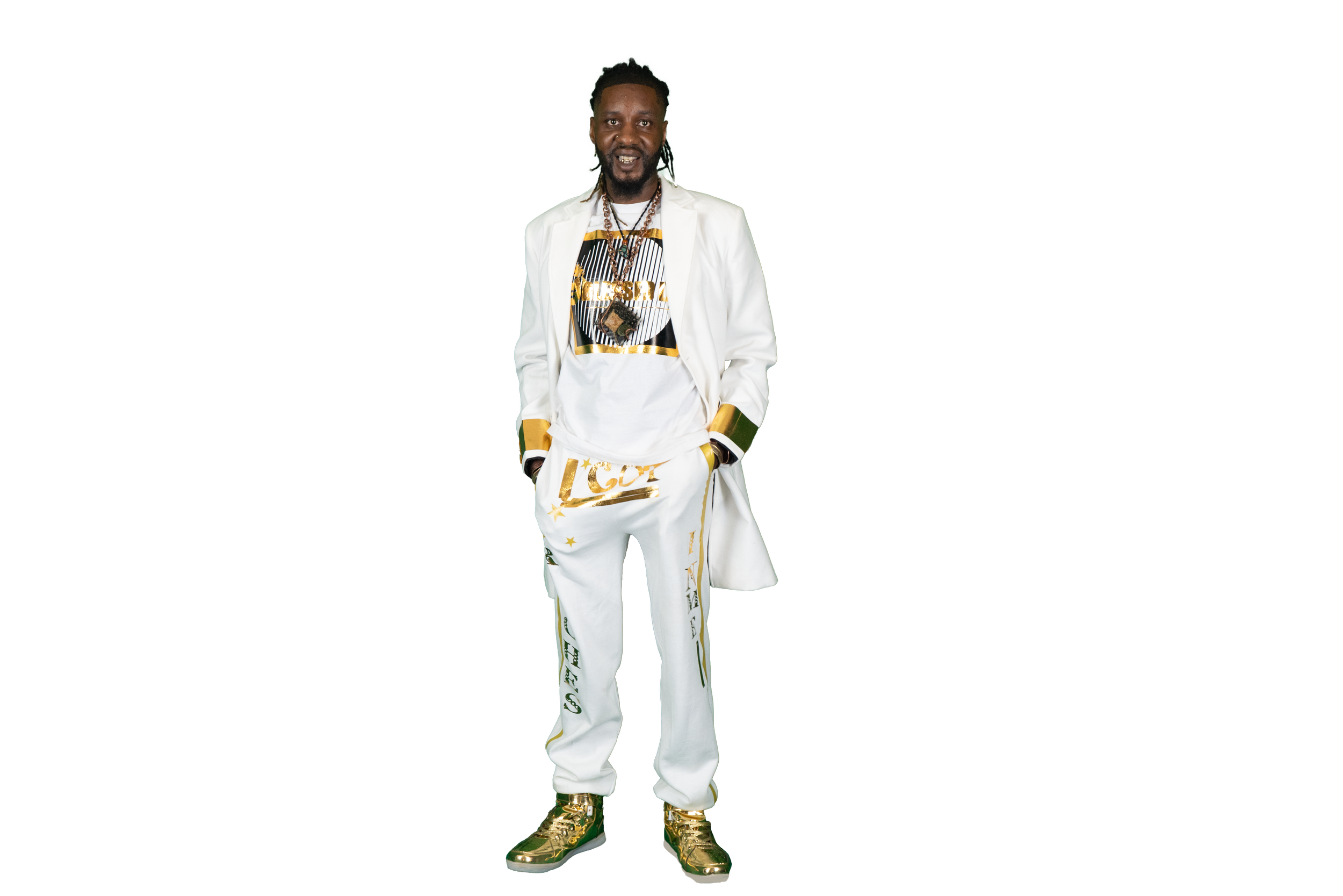 Man wearing a white suit and gold accessories