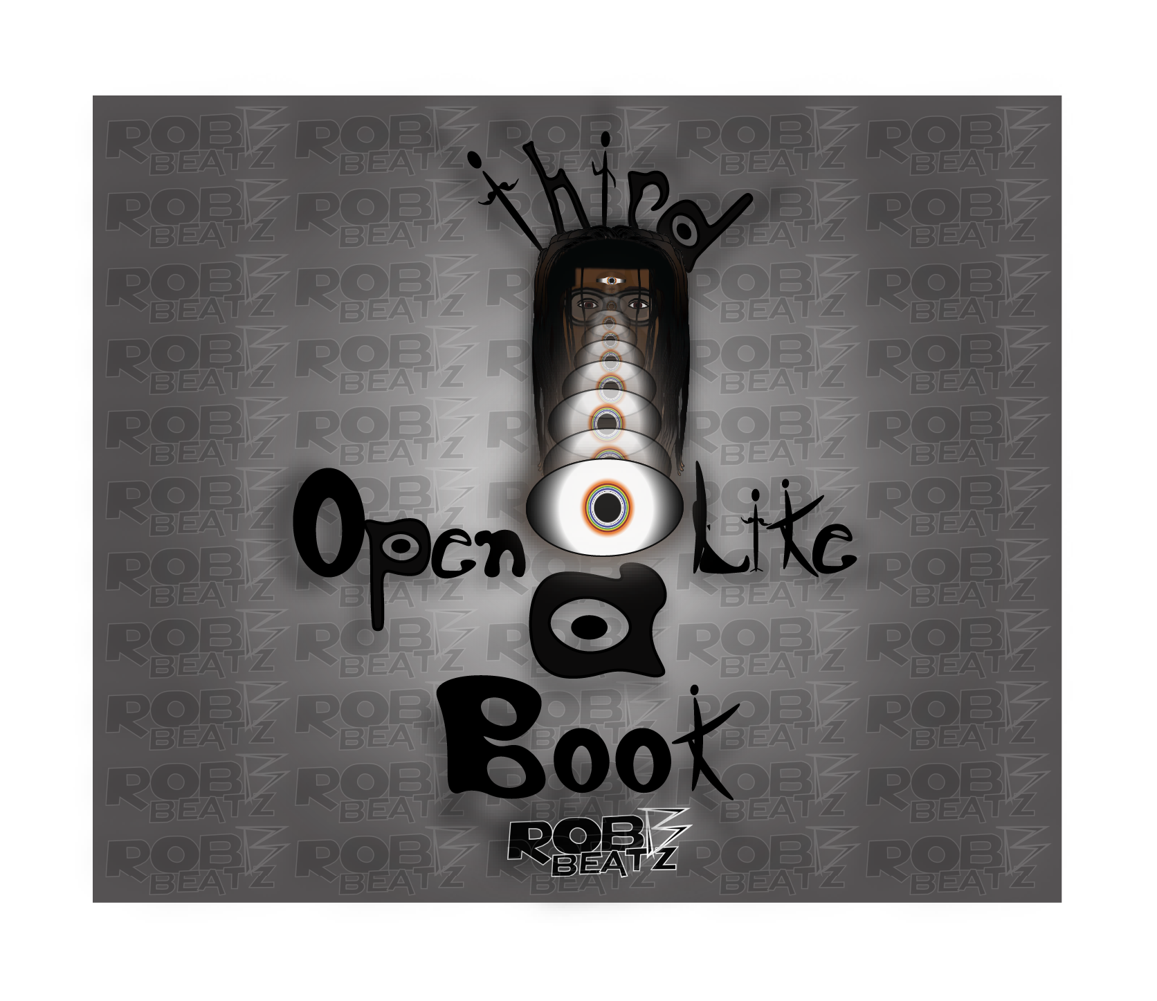 A digital graphic design with a gray background that has a repeating pattern of the words "ROB BEATZ." In the center, there is a surreal image of a human face with a third eye on the forehead, and multiple smaller eyes along the nose. Behind the face, there are stylized black antennas or text that spell out "hit" and "top." Below, the words "Open Lilke Book" are artistically arranged in black letters. The bottom part of the image features the text "ROB BEATZ."