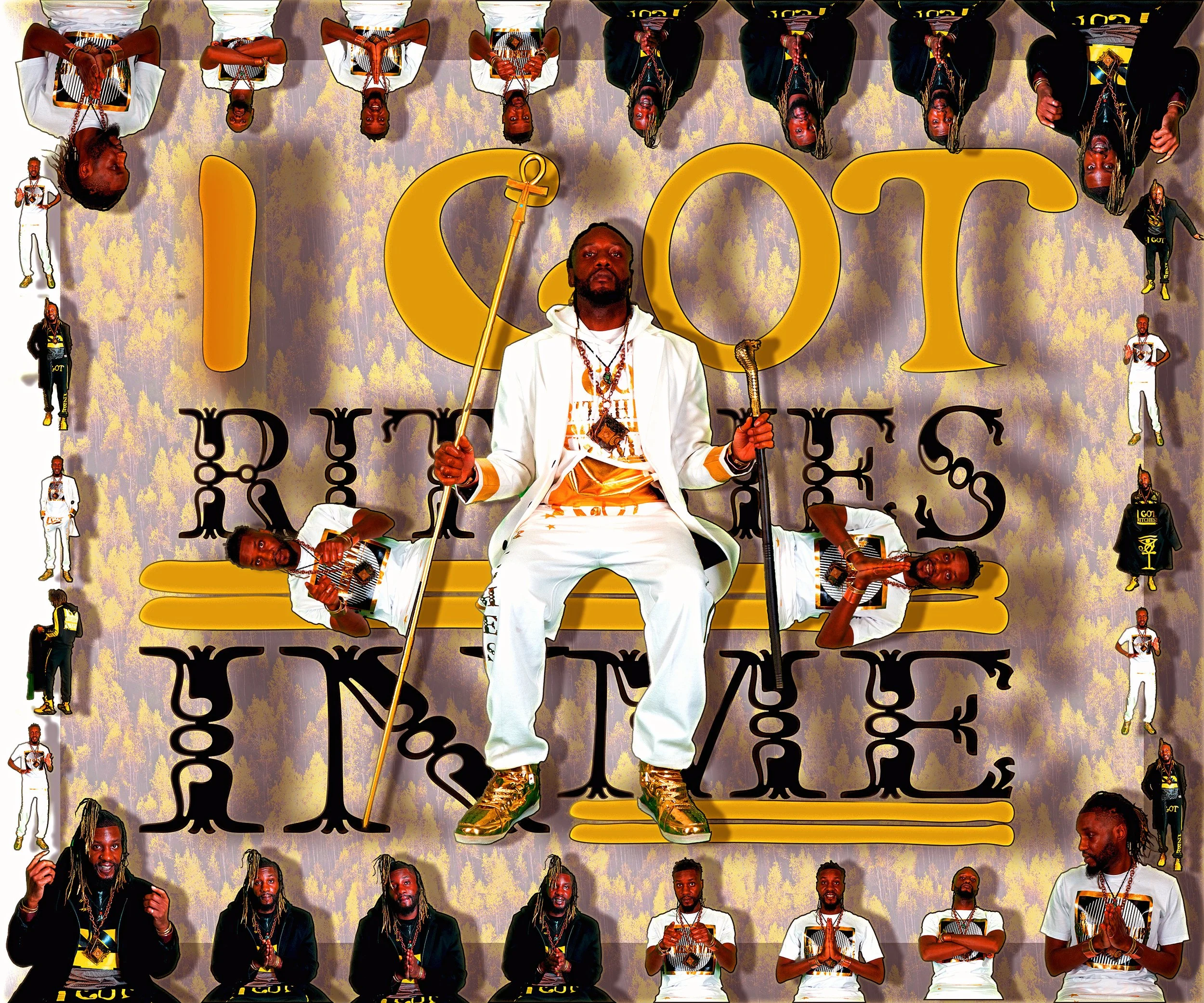Collage featuring a man in a white outfit, duplicated in various poses against a patterned background, with the phrase "I GOT RICHES IN ME."