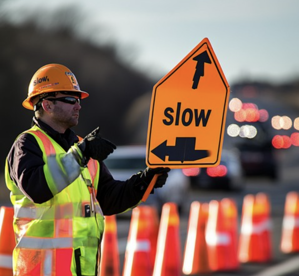 Traffic Control in Gainesville GA. Features high visibility vests and cones.