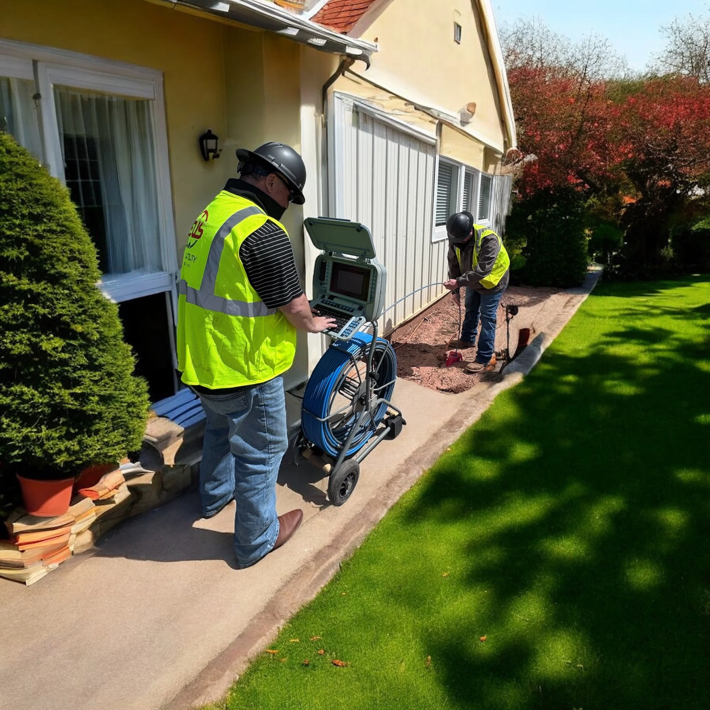 Two utility workers in high-visibility vests and hard hats are conducting an underground inspection outside a house using a cable and camera system. One worker operates the equipment while the other guides the cable into the ground. The area is landscaped with green grass and shrubs.