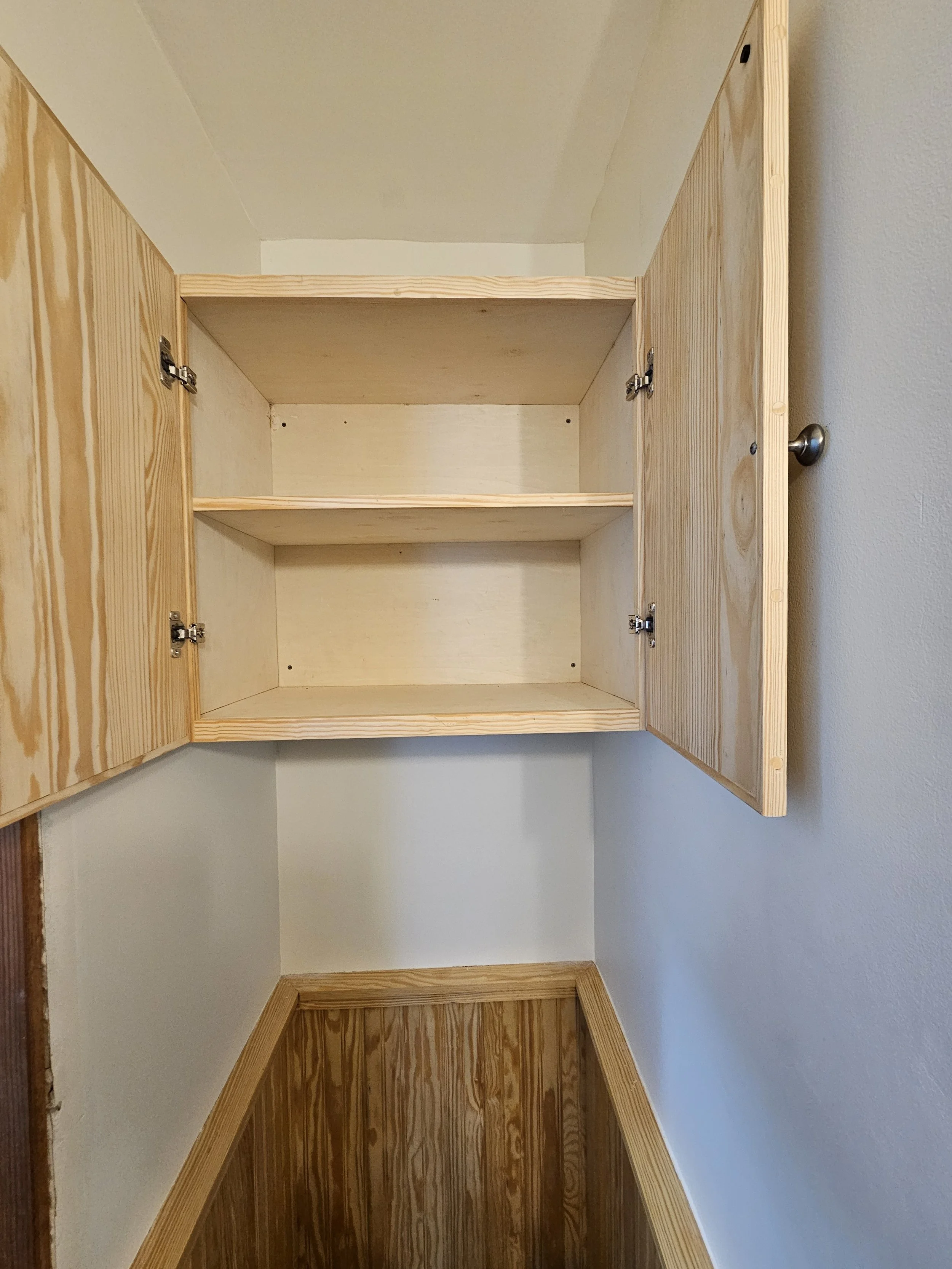 Wainscoting on walls and cabinet
