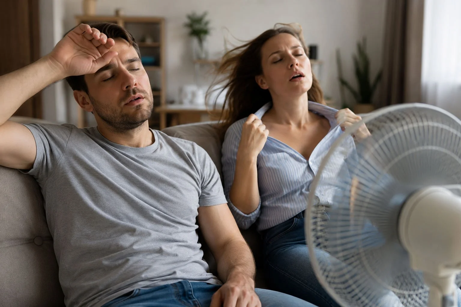 homeowner sitting in front of fan