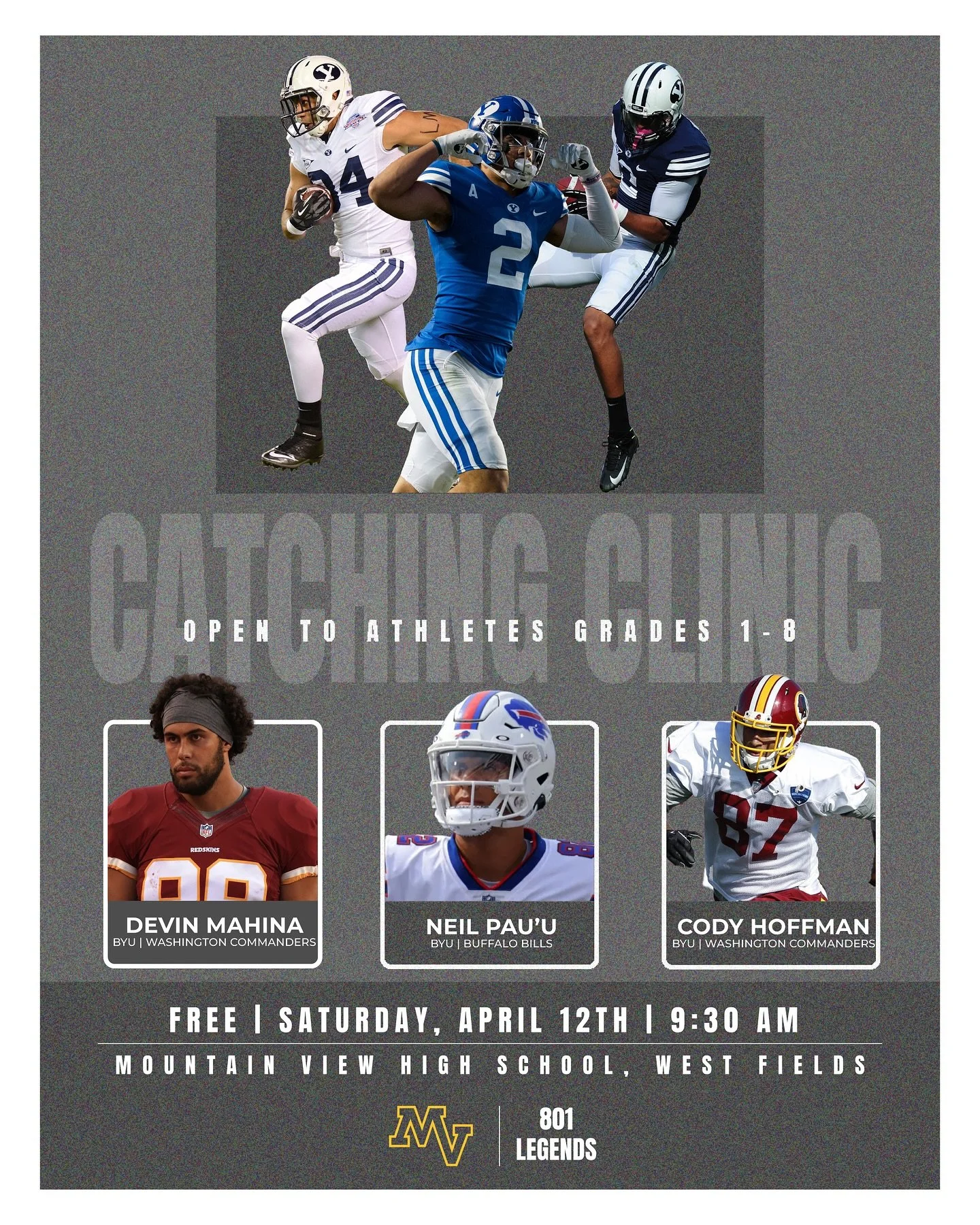 🚨 FREE Catching Clinic Alert! 🚨 
Join us this **Saturday, April 12th at 9:30 AM** at the West Fields of Mountain View High School for an unforgettable football experience! 🏈 Hone your catching skills with expert coaching and fun drills, featuring