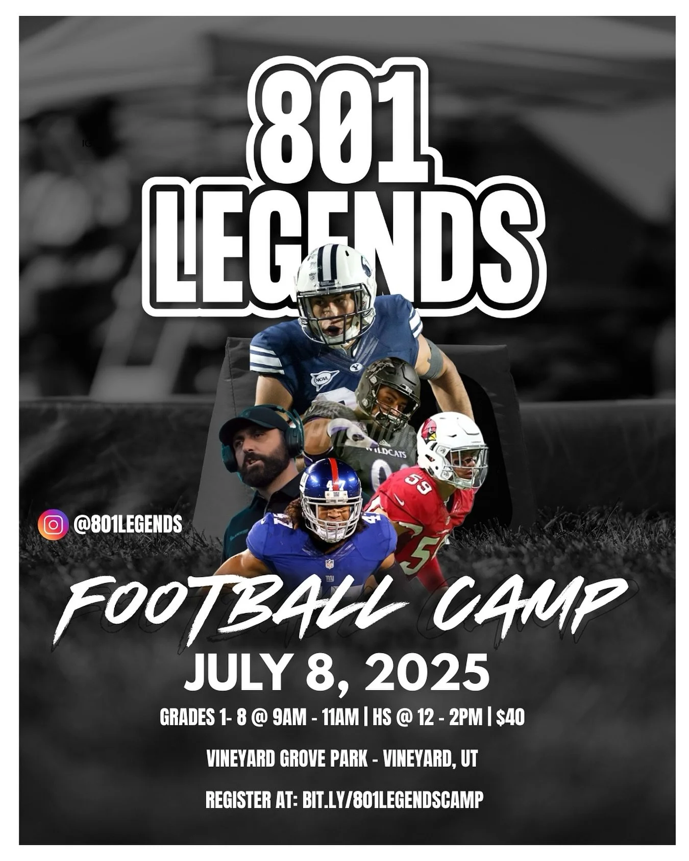 🚨 NEW DATE & LOCATION 🚨
Our 801 LEGENDS Camp is now happening Tuesday, July 8 at Vineyard Grove Park in Vineyard, UT!
👦 Youth Camp (Grades 1–8): 9–11 AM
🏈 High School Camp: 12–2 PM
We know this schedule change may conflict