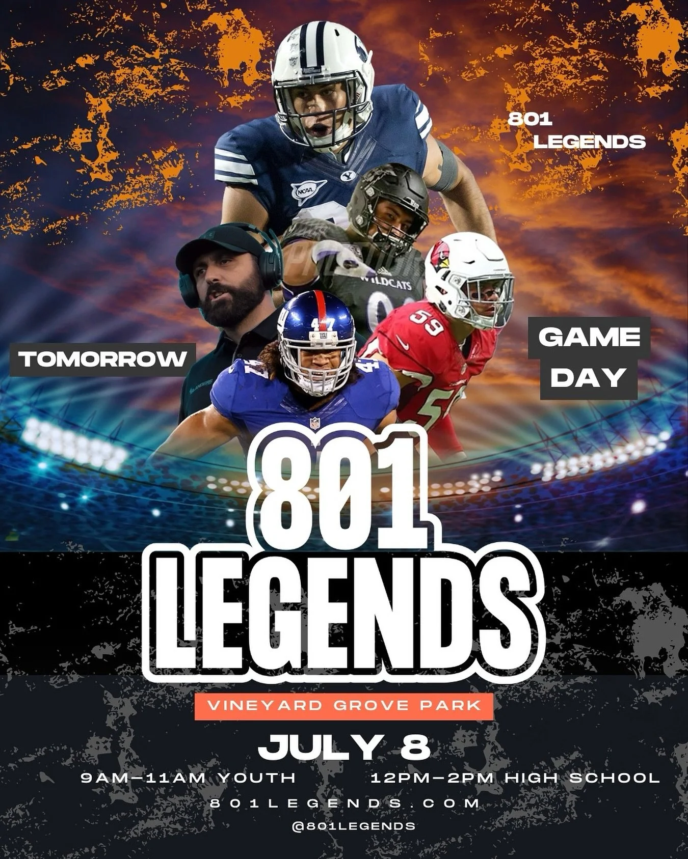 🏈 TOMORROW IS GAME DAY.
The 801 LEGENDS Camp kicks off TOMORROW at Vineyard Grove Park, and we’re ready to bring the energy.
💪 NFL & D1 Coaches
🎶 Music
🍔 Food Trucks
🔥 Real work. Real fun. Real growth.
📍 Youth: 9–11AM
📍 High