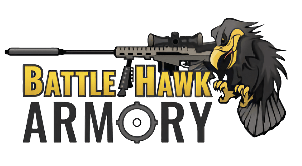 Logo for Battle Hawk Armory featuring a stylized eagle with a sniper rifle and the words 'Battle Hawk Armory'.