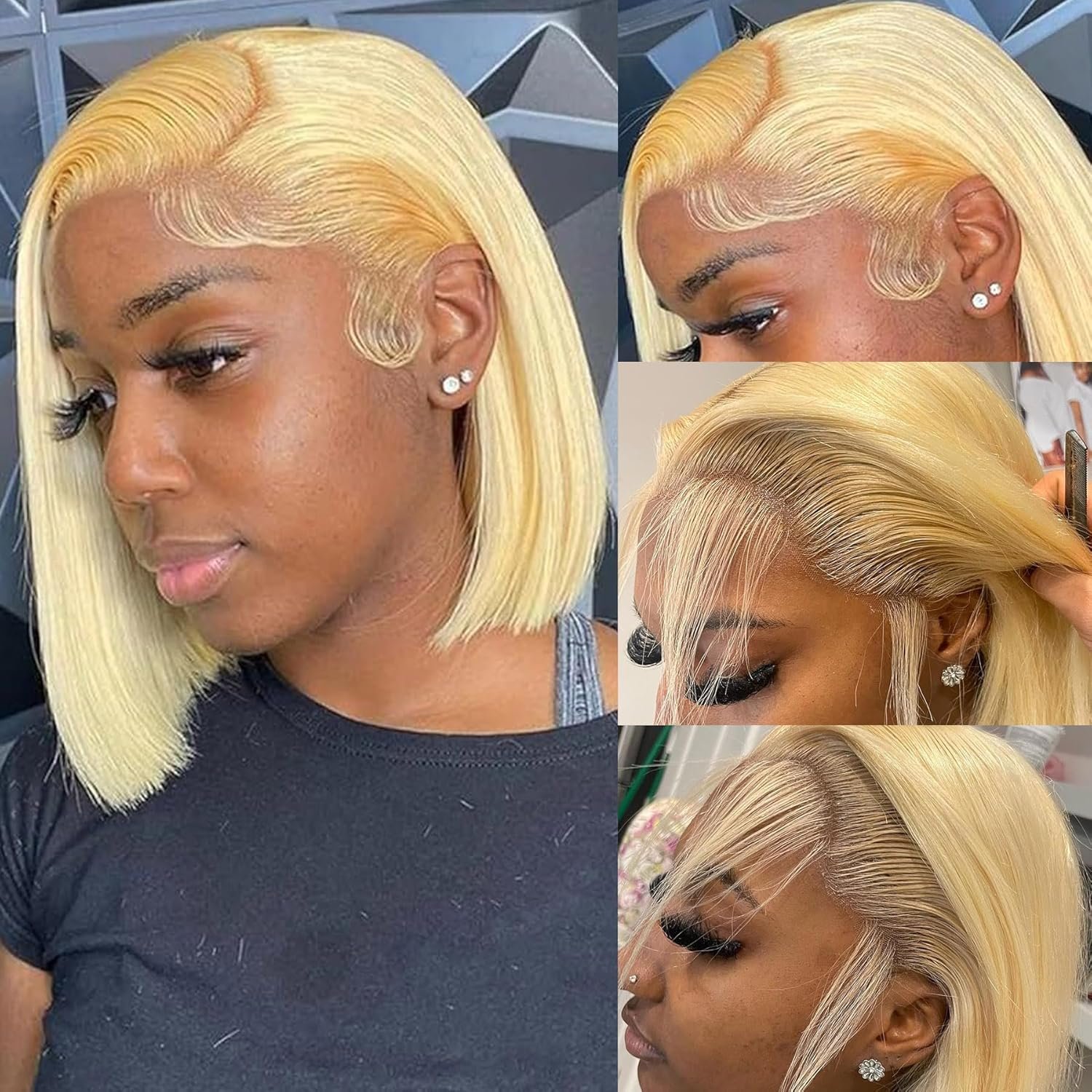 100% Human 13x4 613 Blonde HD Lace Bob Wig Pre-Plucked, 180% Density