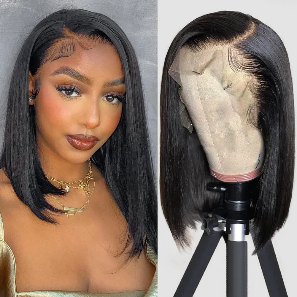 100% Human 13x4 HD Lace Bob Wig Pre plucked 180% Density Natural Color