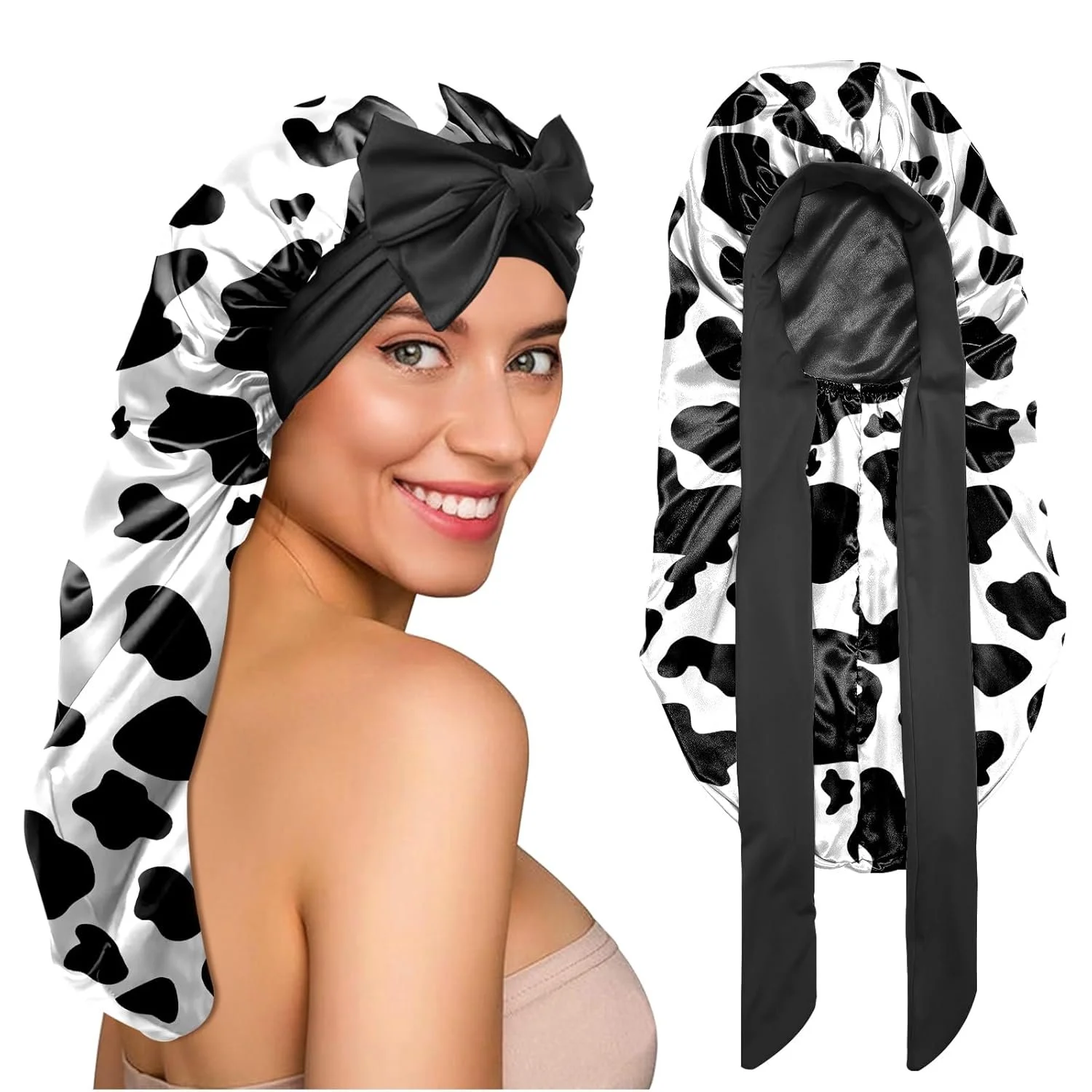 Long Satin Hair Braid Bonnet for Sleeping Adjustable Double Layer Elastic Reusable