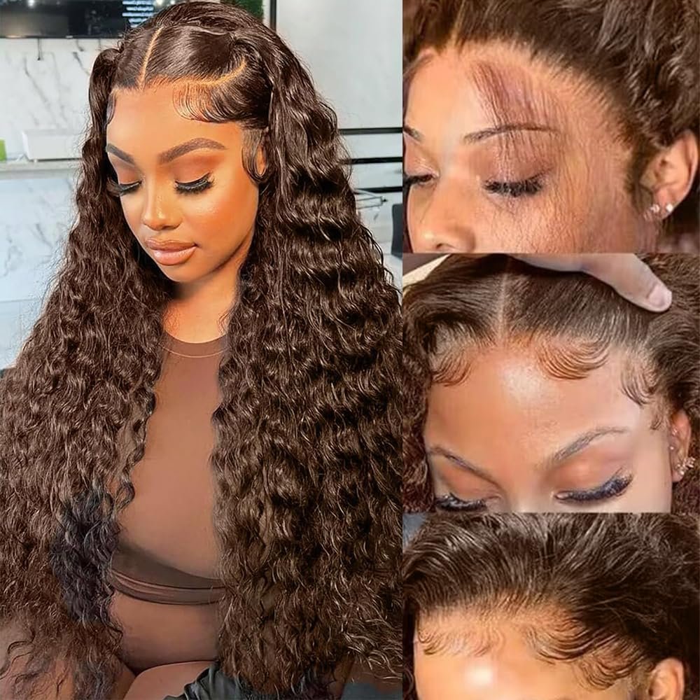 100% Human 13x6 Pre-plucked HD Chocolate Deep Wave Wig W Natural hairline 220% Density 30 Inch