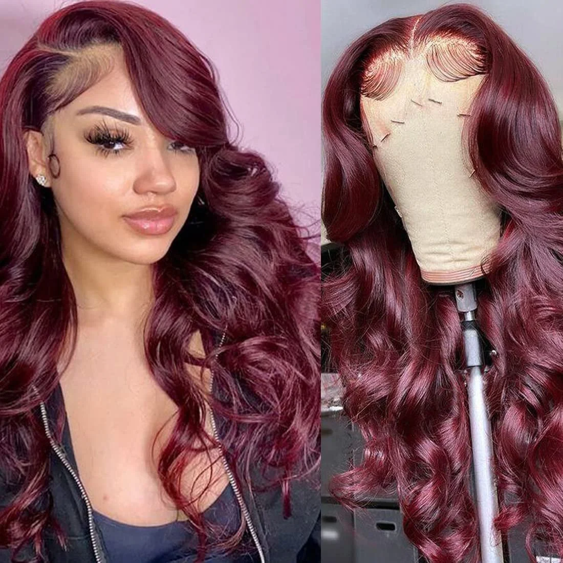 100% Human 13x6 Burgundy Body Wave Wig W Pre-plucked HD lace 180% density