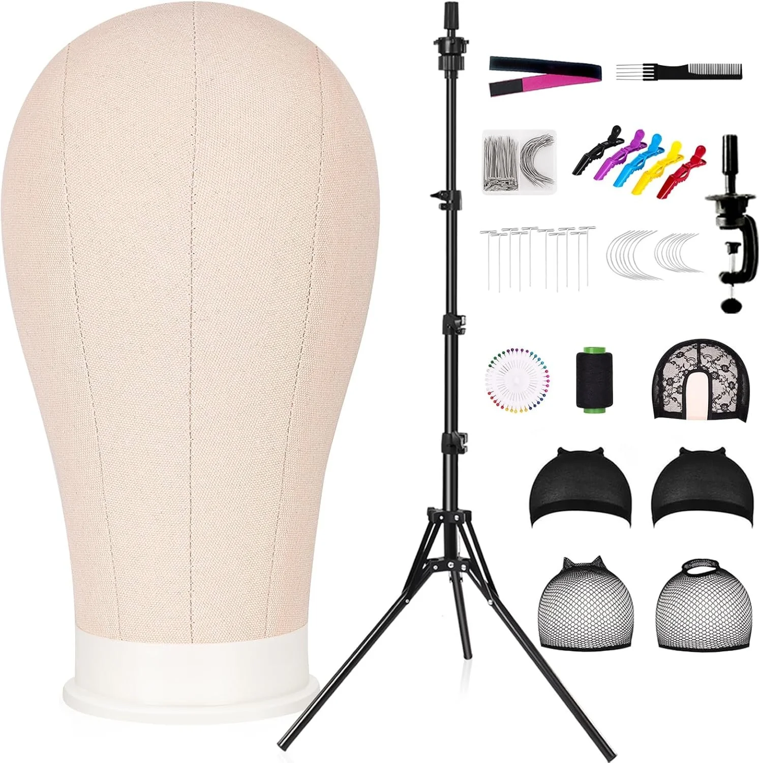 22 Inch Canvas Wig Head Mannequin Head With 63in Tripod Stand, Canvas Head Set for Wig Making Display with Tripod Table Clamp