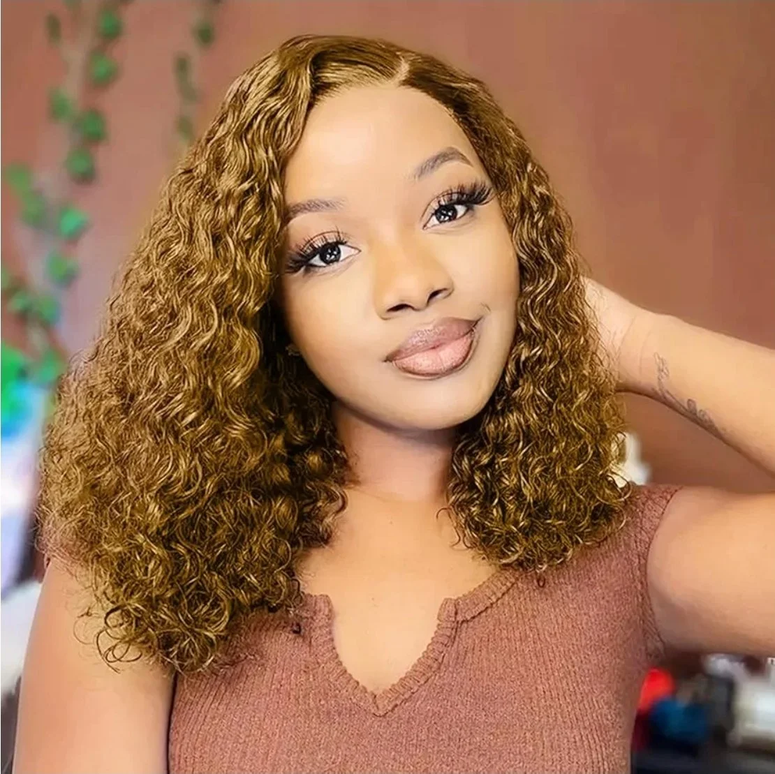 100% Human 13x6 color #27 Bob Deep Wave Lace Front Wig Pre Plucked With Baby Hair 180% Density 16 inch